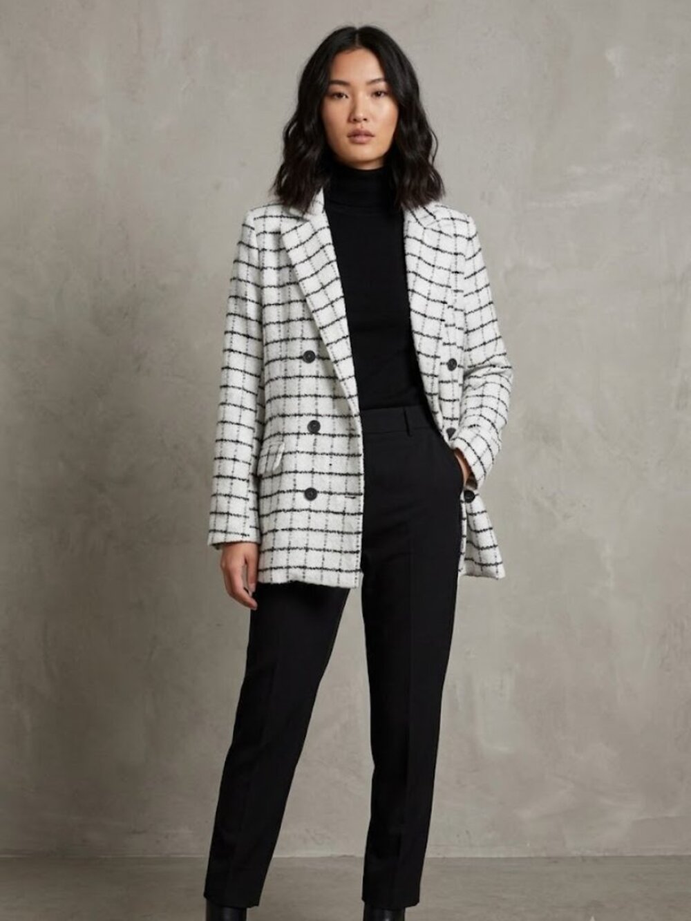 Lioness NEW White black Kyra Double Breasted Plaid Preppy Tweed blazer, sz L